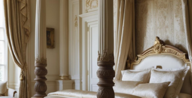 A Greek Revival bedroom featuring a grand four-poster bed, ornate columns, and luxurious cream-and-gold decor.