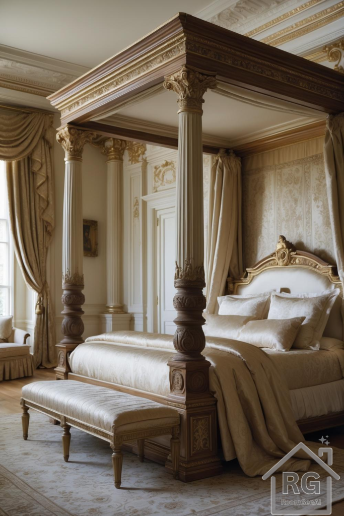 A Greek Revival bedroom featuring a grand four-poster bed, ornate columns, and luxurious cream-and-gold decor.