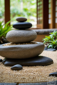 Stacked smooth stones in an indoor Zen garden with raked gravel and green plants.