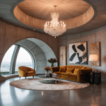 A dramatic dome living room with concrete walls, a warm-toned sofa, and a statement chandelier.