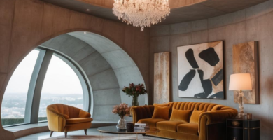 A dramatic dome living room with concrete walls, a warm-toned sofa, and a statement chandelier.