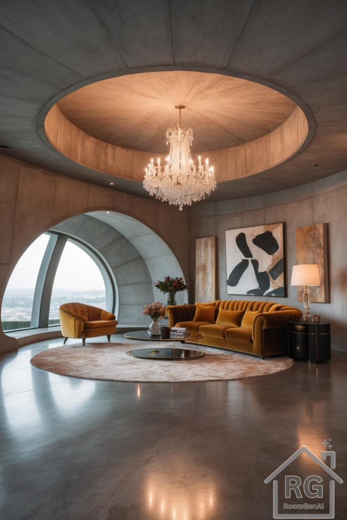 A dramatic dome living room with concrete walls, a warm-toned sofa, and a statement chandelier.