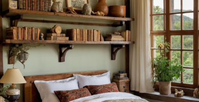 A hobbit-inspired bedroom with rustic wooden shelves, a cozy bed, and earthy decor accents.