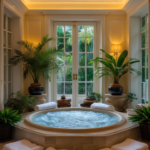 A luxurious indoor spa room featuring a built in hot tub.