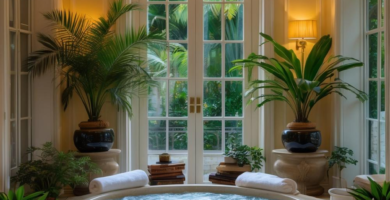 A luxurious indoor spa room featuring a built in hot tub.