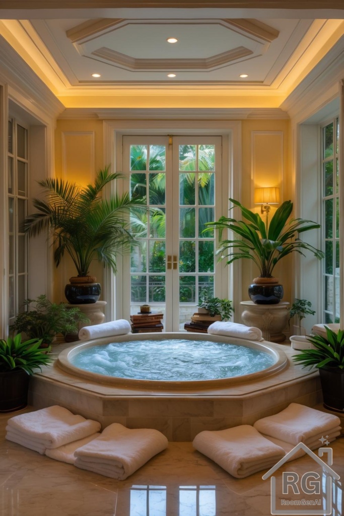 A luxurious indoor spa room featuring a built in hot tub.