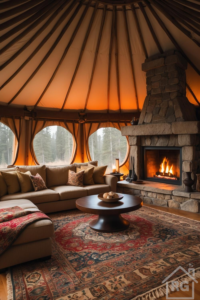 Luxurious yurt interior featuring a stone fireplace, round wooden coffee table, plush seating, and a patterned rug under a canvas roof.