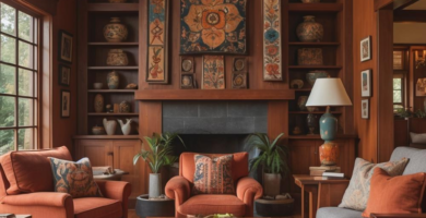 A cozy Craftsman living room featuring rich wood paneling, warm upholstery, and artisanal decor.