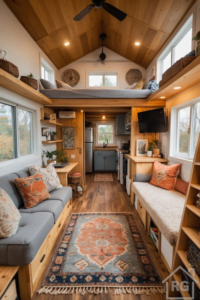 Tiny home interior featuring a vaulted wood ceiling, built-in gray sofa with orange accent pillows, patterned rug, and compact kitchen under a sleeping loft.