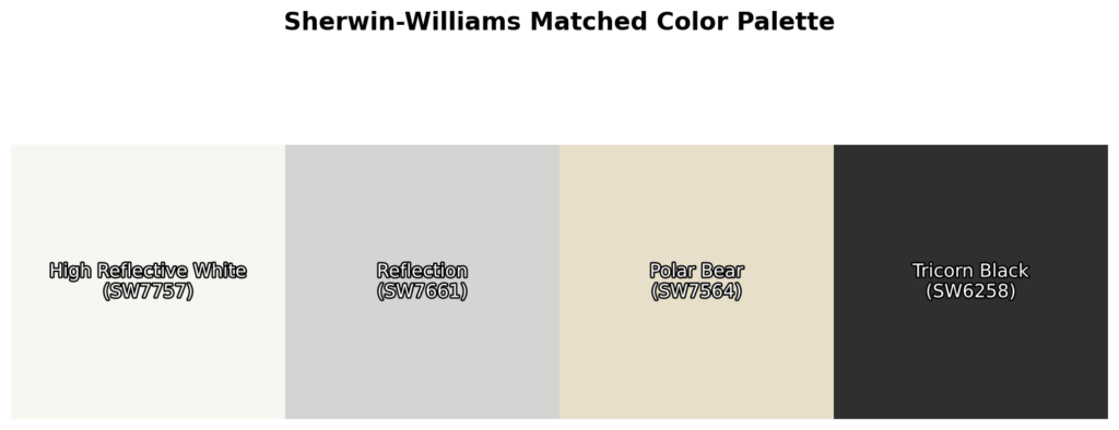 A color palette featuring High Reflective White (SW7757), Reflection (SW7661), Polar Bear (SW7564), and Tricorn Black (SW6258).