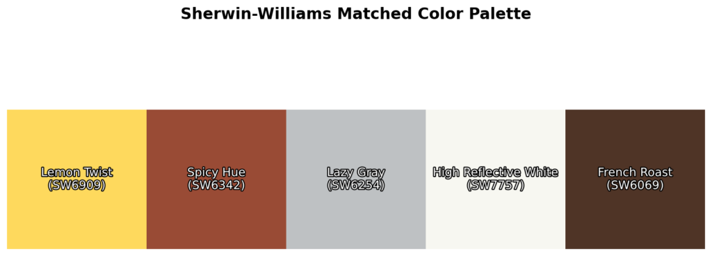 A color palette featuring Lemon Twist (SW6909), Spicy Hue (SW6342), Lazy Gray (SW6254), High Reflective White (SW7757), and French Roast (SW6069).