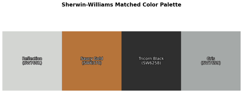 A color palette featuring Reflection (SW7661), Saucy Gold (SW6370), Tricorn Black (SW6258), and Gris (SW7659).