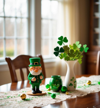 A dining room table decorated for St. Patrick's Day.