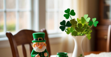 A dining room table decorated for St. Patrick's Day.