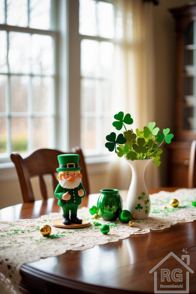 A dining room table decorated for St. Patrick's Day.