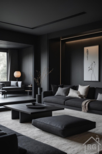 A modern dark Japandi living room featuring charcoal grey sofas and ottoman, a low black coffee table on a light grey woven rug, matte black walls, and ambient strip lighting.