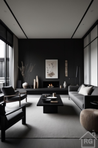 A modern Dark Japandi living room featuring matte black walls, a sleek fireplace, a grey sofa and armchairs, a low black coffee table on a light grey rug, and minimalist decor.
