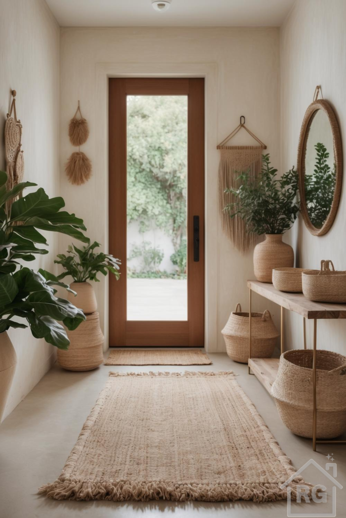 A bright, boho chic entryway featuring a wooden door with a glass pane, woven jute rugs, various potted plants in woven and ceramic pots, woven baskets, a wooden console table with metal legs, a round mirror with a woven frame, and macrame wall hangings against cream-colored walls.