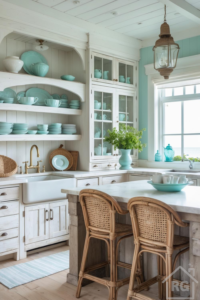 A bright, coastal cottage-style kitchen featuring white cabinets, open shelving with aqua dishware, a white farmhouse sink, a marble-topped island with natural rattan stools, and a large window.