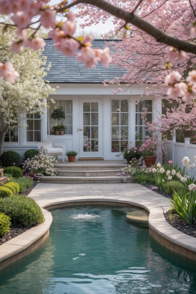 A charming white cottage patio viewed through pink and white spring blossoms, with stone steps leading down past lush garden beds to a curved swimming pool with clear blue water.