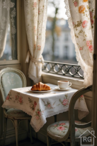 A sunlit table set for one by a window in a Parisian style cafe, featuring a croissant on a plate, a cup of coffee, a floral tablecloth with lace trim, sheer lace curtains, and distressed vintage chairs with floral upholstery. A wrought iron balcony is visible outside.
