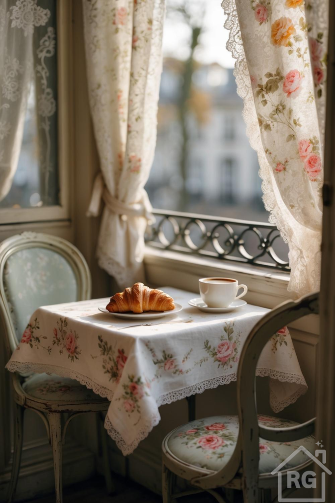 A sunlit table set for one by a window in a Parisian style cafe, featuring a croissant on a plate, a cup of coffee, a floral tablecloth with lace trim, sheer lace curtains, and distressed vintage chairs with floral upholstery. A wrought iron balcony is visible outside.