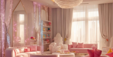 Luxurious glam living room featuring pink velvet sofas and ottomans, cream armchairs, a large crystal chandelier, gold accents, glittery pink wall panels, and cream curtains bathing the space in warm light.