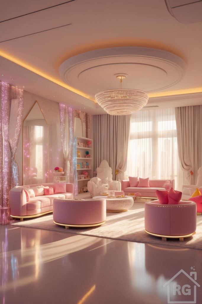 Luxurious glam living room featuring pink velvet sofas and ottomans, cream armchairs, a large crystal chandelier, gold accents, glittery pink wall panels, and cream curtains bathing the space in warm light.