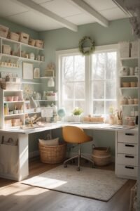 A bright, organized home office and craft room featuring pale sage green walls, white L-shaped desk under a large window, extensive white shelving filled with woven baskets, and a mustard yellow office chair on a light wood floor with a beige rug.
