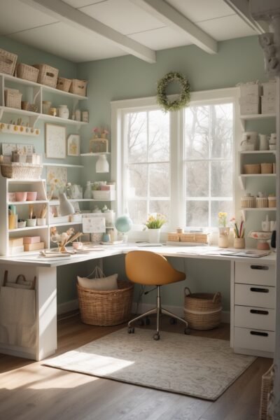 A bright, organized home office and craft room featuring pale sage green walls, white L-shaped desk under a large window, extensive white shelving filled with woven baskets, and a mustard yellow office chair on a light wood floor with a beige rug.