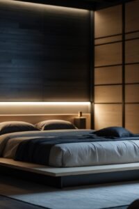 A modern minimalist bedroom featuring a low-profile bed with grey bedding against a dark wood paneled wall with integrated warm backlighting. Light wood panels form the headboard and part of the adjacent wall.