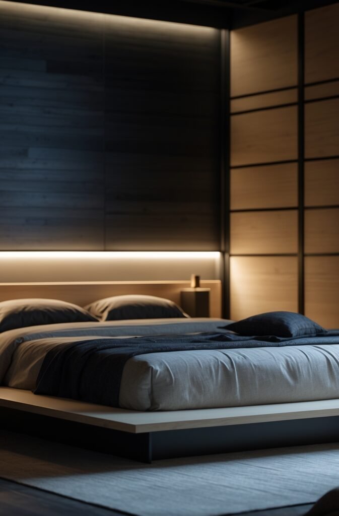 A modern minimalist bedroom featuring a low-profile bed with grey bedding against a dark wood paneled wall with integrated warm backlighting. Light wood panels form the headboard and part of the adjacent wall.