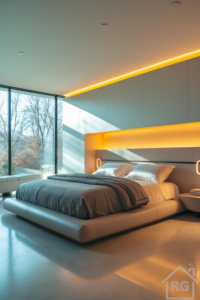 A modern minimalist bedroom featuring a low platform bed with a grey duvet and white pillows, integrated warm LED lighting in the headboard and ceiling cove, polished concrete floors, and a large floor-to-ceiling window overlooking bare trees.