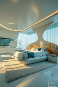 A sunlit, futuristic minimalist bedroom featuring a white platform bed with teal and orange accents, set on a plush white rug. The room has curved white walls, an integrated headboard structure, and large ribbed glass windows.