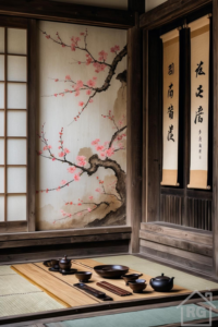 Interior of a traditional Japanese room with tatami mat flooring, wooden framing, a shoji screen, hanging scrolls, a wall painted with cherry blossoms, and a low table set for a tea ceremony.