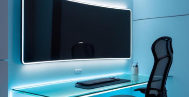 A sleek, futuristic minimalist home office corner featuring a floating glass desk illuminated by cool blue LED strip lighting. A black ergonomic mesh chair sits before a large, wall-mounted curved monitor, also backlit with white light.