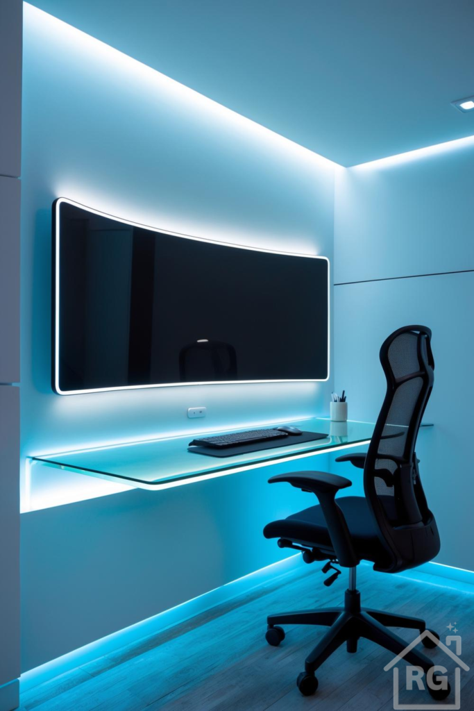 A sleek, futuristic minimalist home office corner featuring a floating glass desk illuminated by cool blue LED strip lighting. A black ergonomic mesh chair sits before a large, wall-mounted curved monitor, also backlit with white light.