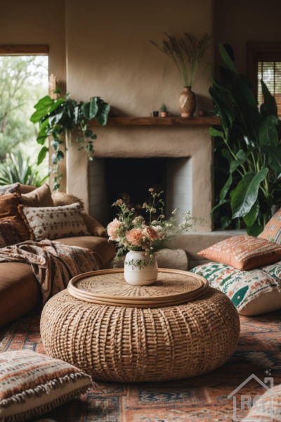 A cozy, bohemian-style living room featuring a large woven rattan coffee table centered on a patterned rug, a brown sofa with textured pillows, a plaster fireplace with a wood mantel, and numerous large houseplants enhancing the warm, earthy ambiance.