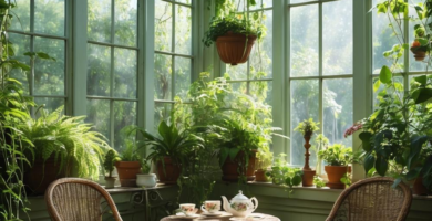 A sunlit conservatory filled with numerous green potted plants, featuring two wicker chairs and a small round metal table set for tea on a wooden floor, surrounded by large windows and a glass ceiling.