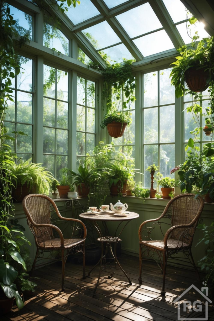 A sunlit conservatory filled with numerous green potted plants, featuring two wicker chairs and a small round metal table set for tea on a wooden floor, surrounded by large windows and a glass ceiling.
