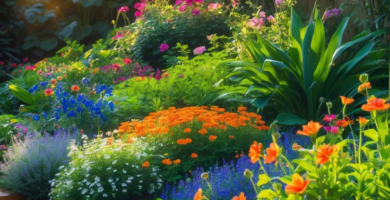 A vibrant raised wooden garden bed overflowing with colorful flowers like orange marigolds, pink zinnias, and blue salvia, set against a stone paver path and wooden fence, bathed in warm sunlight.