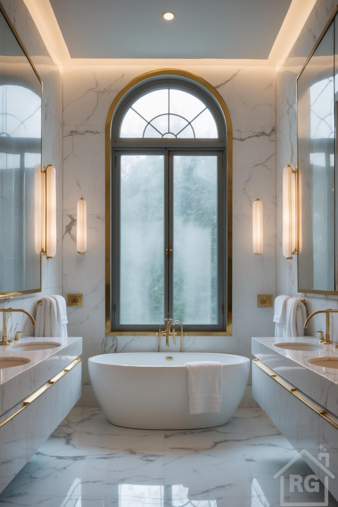 Symmetrical luxury bathroom featuring white marble walls and floors, a central freestanding bathtub under a large arched window, double vanities with brass fixtures, and warm vertical wall sconces.
