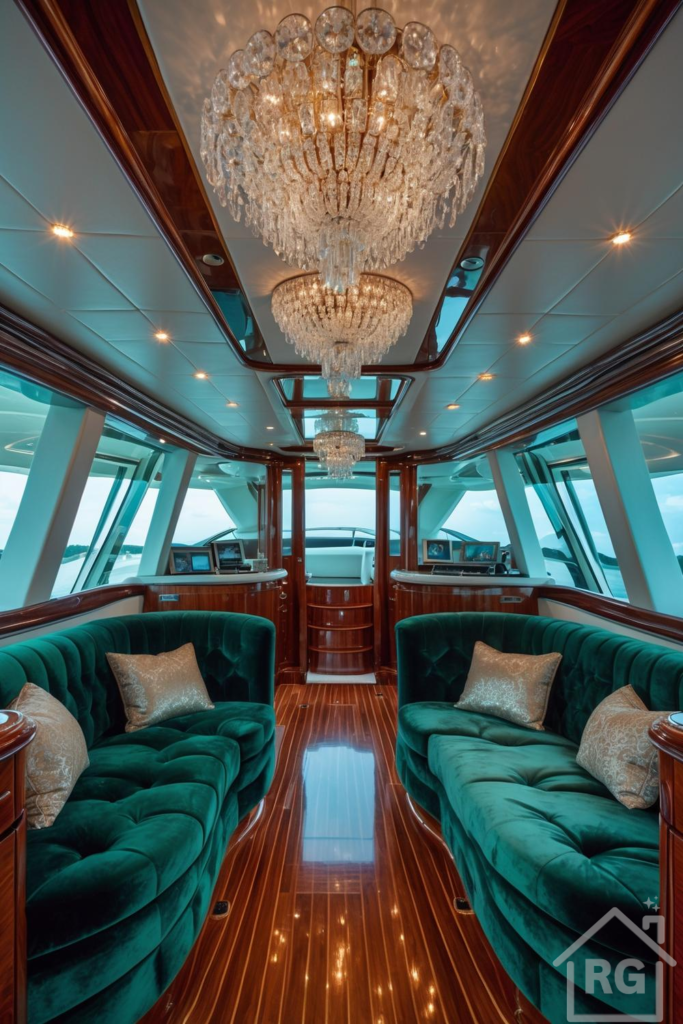 Luxurious yacht salon interior featuring symmetrical emerald green velvet sofas, high-gloss wood flooring and trim, large windows overlooking the water, and multiple ornate crystal chandeliers hanging from the ceiling.