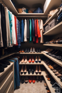 A well-organized walk-in closet with light beige shelving units filled with neatly hung clothes on rods, multiple rows of shoes displayed on shelves, and storage boxes and bags on the top shelves.