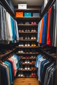 A well-organized walk-in closet with dark wood shelves filled neatly with folded clothes, hanging garments sorted by type and color, and multiple pairs of shoes arranged on lower shelves. Colorful storage boxes sit on the top shelf.