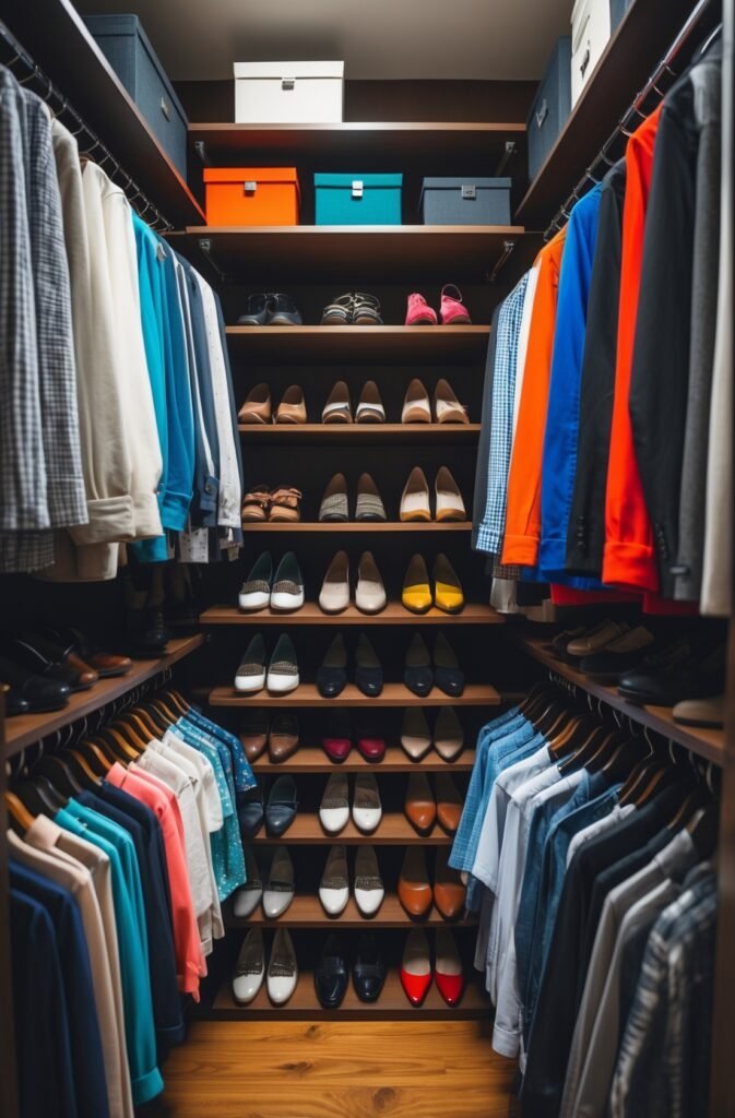 A well-organized walk-in closet with dark wood shelves filled neatly with folded clothes, hanging garments sorted by type and color, and multiple pairs of shoes arranged on lower shelves. Colorful storage boxes sit on the top shelf.