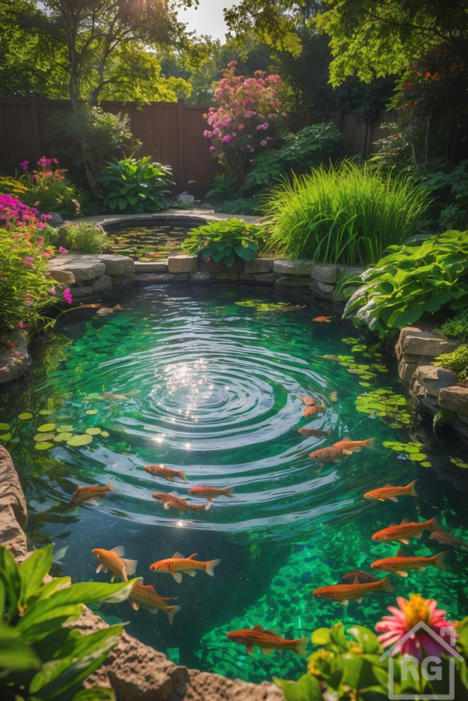 A sun-dappled backyard koi pond with clear emerald water reflecting the sky, filled with swimming orange koi fish. The pond is edged with natural stones and surrounded by lush green plants, grasses, and pink flowers, with a wooden fence visible in the background.