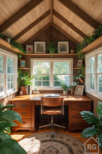 A cozy, sunlit home office featuring medium-brown wood-paneled walls and a lighter wood-planked ceiling. A large wooden desk with a tan leather chair sits centered under windows, flanked by shelves filled with numerous green plants and framed pictures.