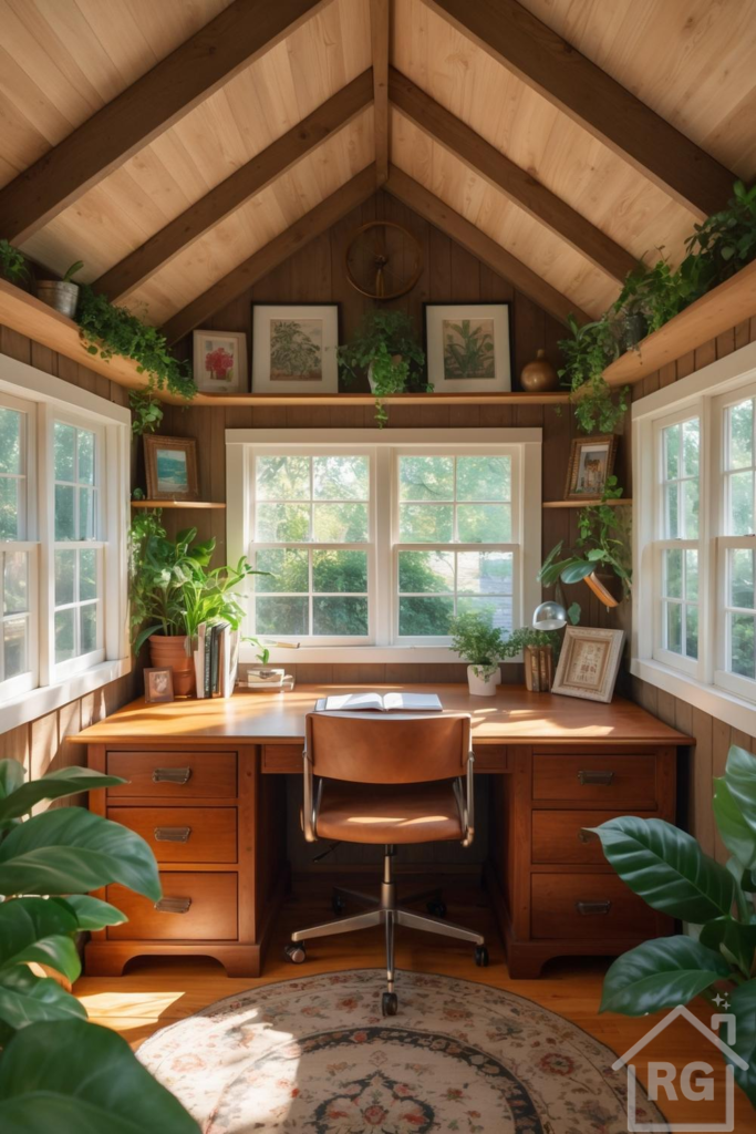 A cozy, sunlit home office featuring medium-brown wood-paneled walls and a lighter wood-planked ceiling. A large wooden desk with a tan leather chair sits centered under windows, flanked by shelves filled with numerous green plants and framed pictures.