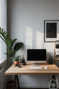 A minimalist home office with a light wood desk holding an iMac, keyboard, mouse, and several potted plants. A large Monstera plant sits by the window with sheer curtains, and a black framed poster hangs on the off-white wall.